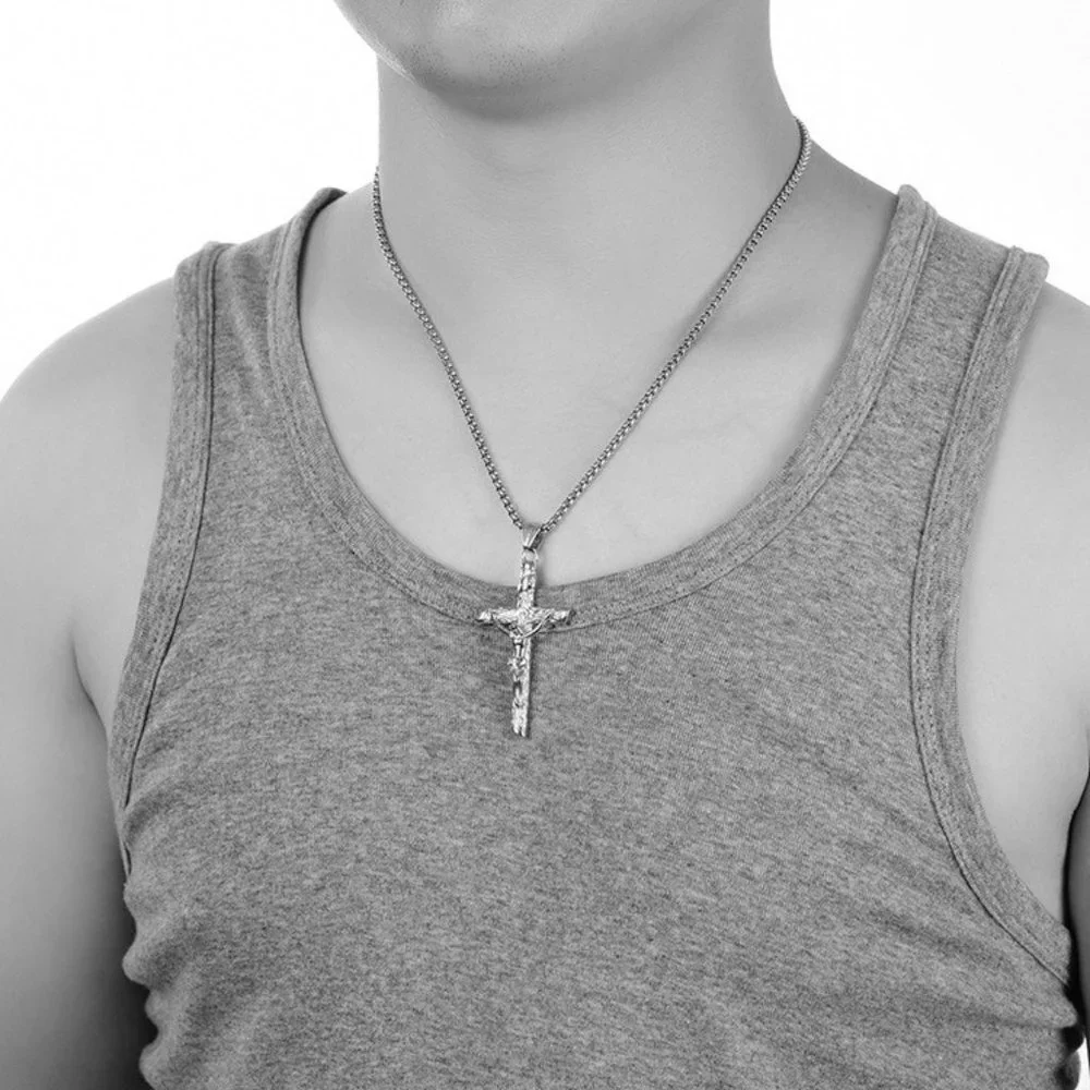 ❤️Vintage stainless steel casting Jesus cross pendantnecklace for menN90201P228